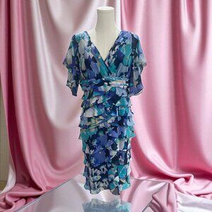 Adrianna Papell Romantic Blue Floral Ruffle Chiffon Dress Ethereal Wedding SZ 10
